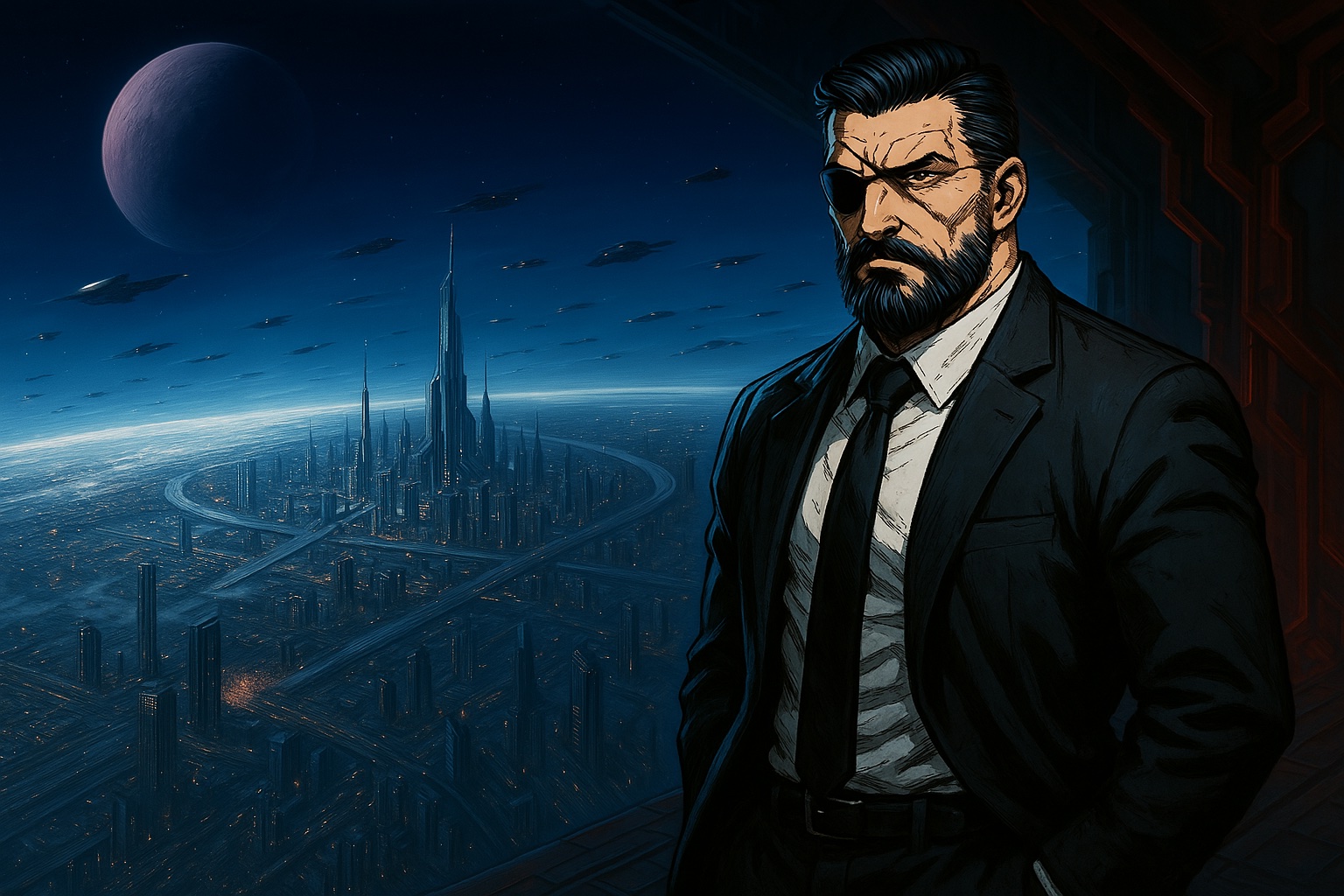 Spartan warrior overlooking futuristic cityscape